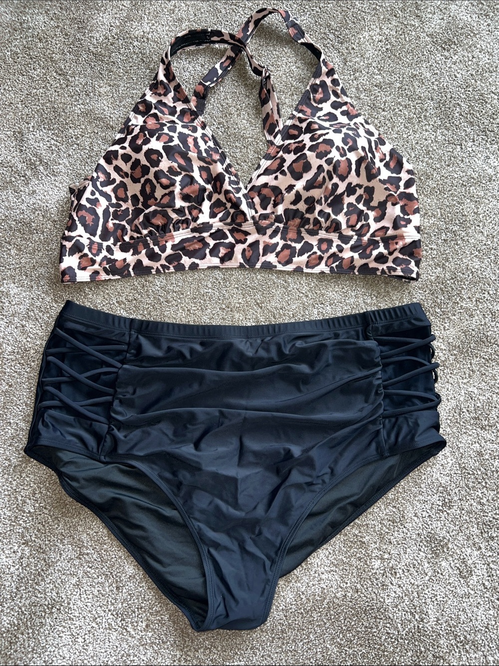 Younique Leopard Halter Bikini Top with Black High-Waist Bottoms